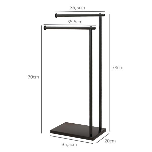 Toalheiro de Pé de 2 Níveis Toalheiro Casa de Banho com Estrutura de Metal Toalheiro em Forma de L 35,5x20x78 cm Preto