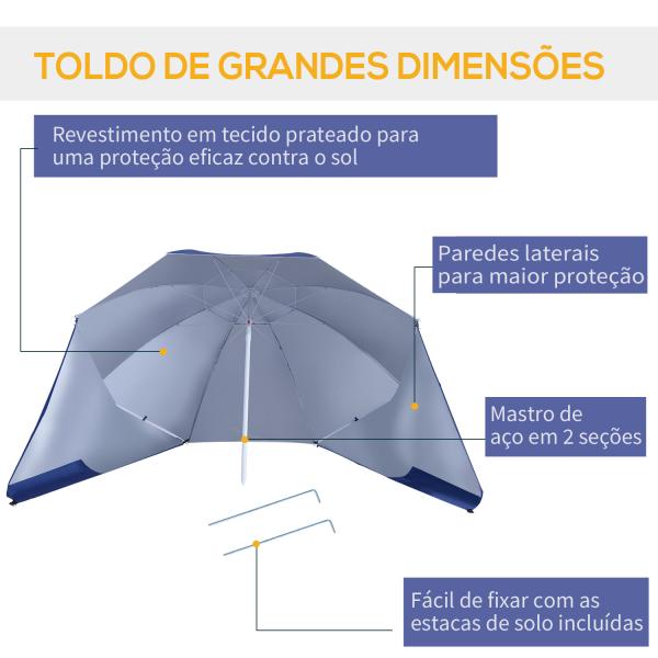 Chapéu de Sol de Praia com Painéis Laterais Tipo Tenda Chapéu de Sol para Praia com Proteção UV50 Φ210x222cm Azul