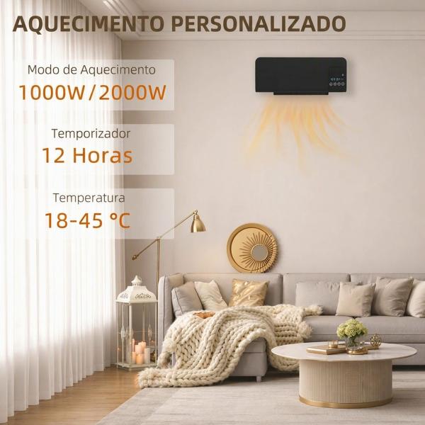 Aquecedor Elétrico de Parede 1000W/2000W 54,5x12x21,5 cm Preto