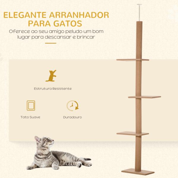 Arranhador para Gatos de Chão ao Teto Ajustável com 4 Plataformas e Poste 43x27x228 - 260 cm Castanho Claro