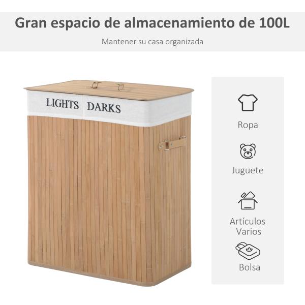 Cesto de Roupa de Bambú Capacidade de 100L Cesta para Roupa Suja Retangular com Tampa Removível Bolsa com 2 Compartimentos 52x32x63cm Bambú