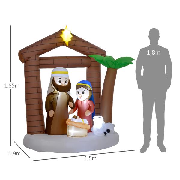 Presépio Insuflável de Natal Decoração Insuflável Natalícia com Luzes LED e Insuflador para Exterior 150x90x185 cm Multicor