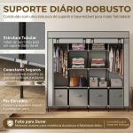 Roupeiro de Tecido com 10 Compartimentos 2 Trilhos Suspensos e 4 Gavetas de Tecido 166x42,5x169,5 cm Cinza Escuro