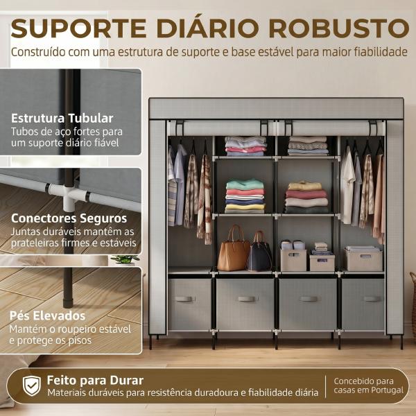 Roupeiro de Tecido com 10 Compartimentos 2 Trilhos Suspensos e 4 Gavetas de Tecido 166x42,5x169,5 cm Cinza Escuro