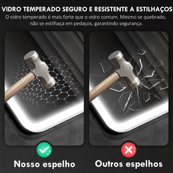 Espelho de Casa de Banho com Luz LED 80x60 cm Bluetooth 3 Cores de Luz Relógio Digital Função Antiembaciamento Função de Memória Prata