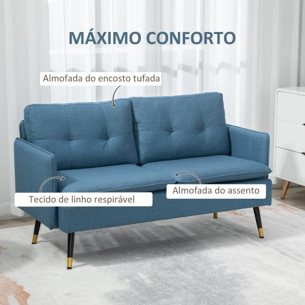 Sofá de 2 Lugares Moderno Estofado em Poliéster com 4 Almofadas Apoio para os Braços e Pés de Aço 139x68x80 cm Azul