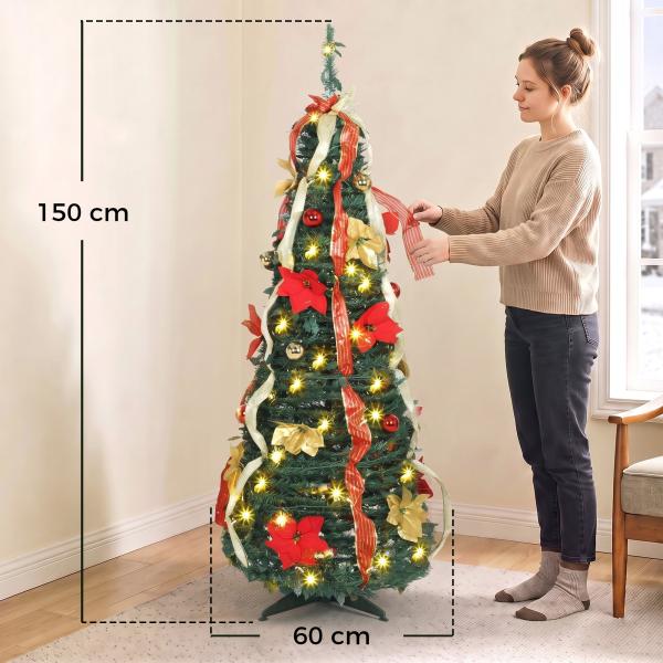 Árvore de Natal Desdobrável 150 cm com 70 Luzes LED, 11 Modos, Comando à Distância e Decoração Incluída, Verde