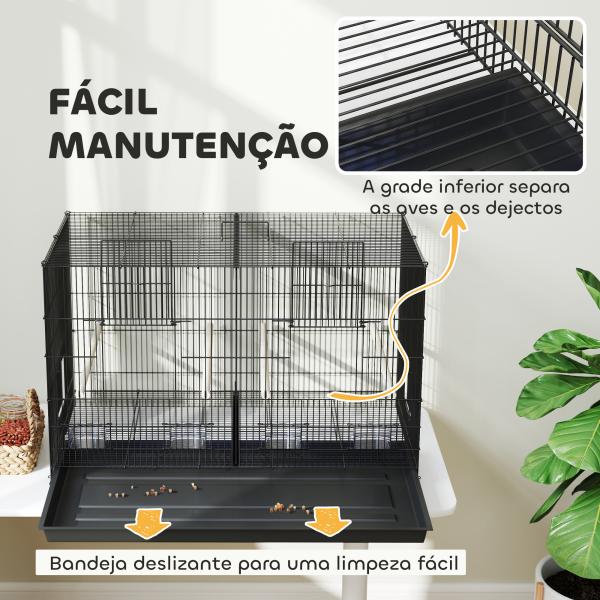Gaiola para Pássaros com Divisória com Comedouros Poleiros e Bandeja Removível 94x57x57 cm Preto