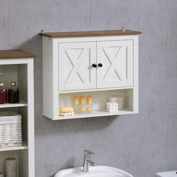 Armário Casa de Banho de Parede com 2 Portas e Prateleiras de Armazenamento 60x19,5x52,5 cm Branco e Madeira