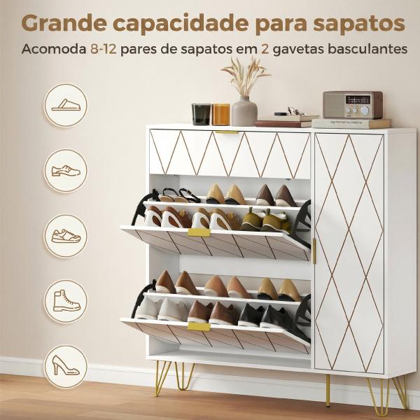 Sapateira Estreita com 2 Compartimentos Abatíveis Armário e Prateleiras Ajustáveis 10 - 14 Pares de Sapatos 110x25x110,6 cm Branco