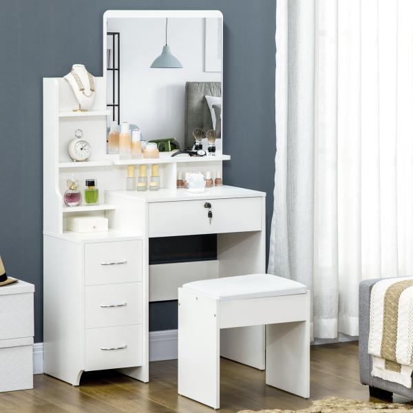 Toucador de Maquilhagem com Banco Espelho 4 Gavetas 4 Compartimentos de Armazenamento Estilo Moderno 80x38x143cm Branco