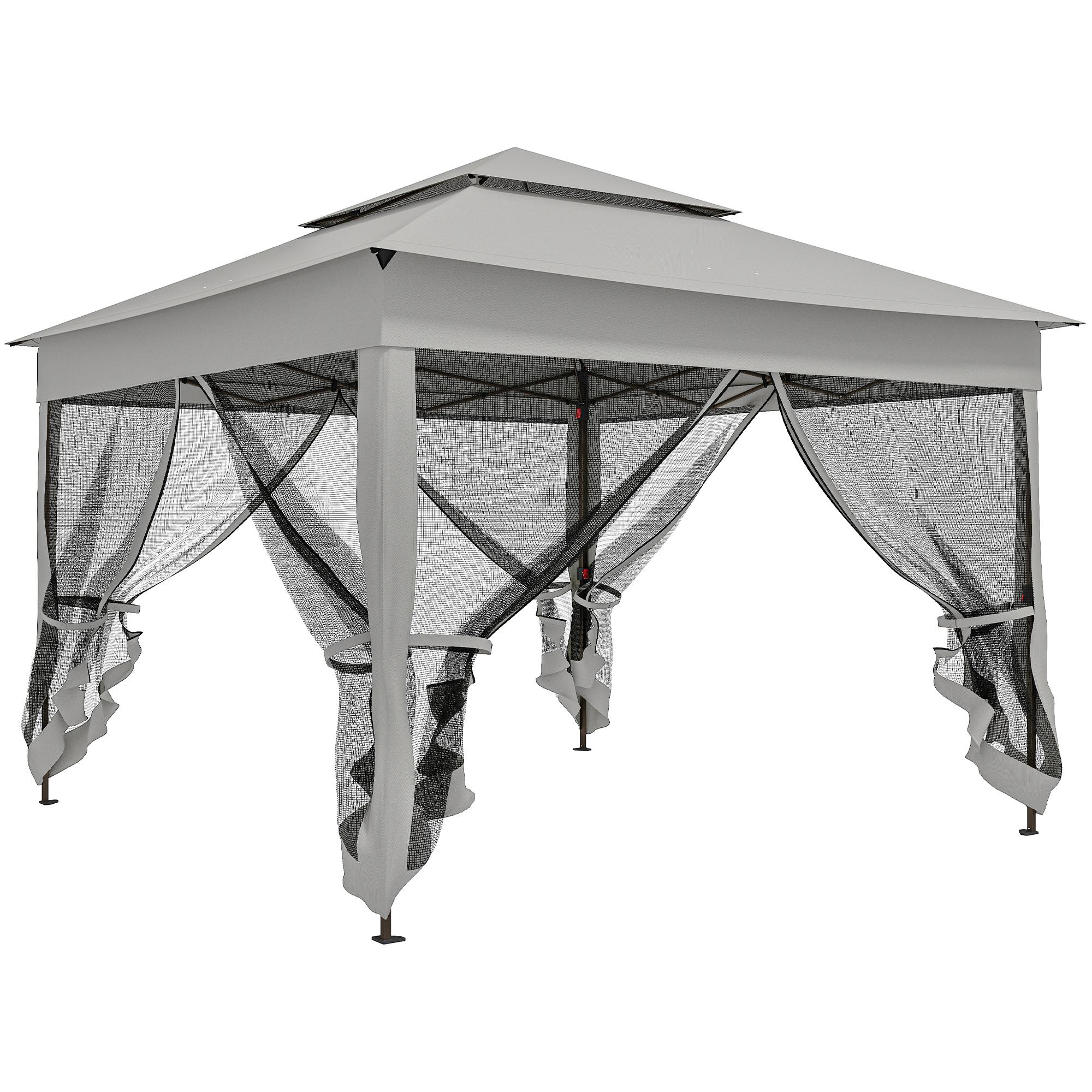 Tenda Dobrável Exterior 325x325x270 cm Tenda de Jardim com Teto Duplo Rede Mosquiteira Amovível e Bolsa de Transporte Cinzento