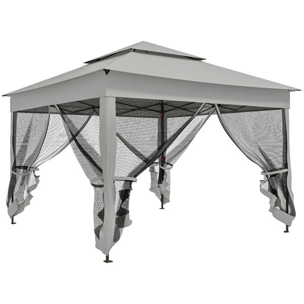 Tenda Dobrável Exterior 325x325x270 cm Tenda de Jardim com Teto Duplo Rede Mosquiteira Amovível e Bolsa de Transporte Cinzento