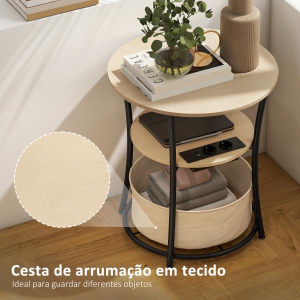 Mesa Auxiliar Redonda de 3 Níveis com Estação de Carregamento Mesa Auxiliar Industrial com 2 Prateleiras Abertas Ø50x55,1 cm Madeira e Preto