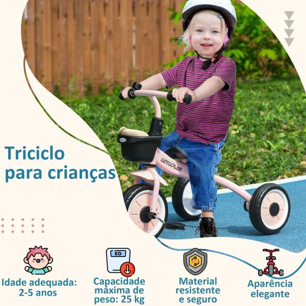 Triciclo para Crianças de 2 a 5 anos com Assento Ajustável Cesta Buzina e Pedais e 3 Rodas 70,5x53x58 cm Rosa