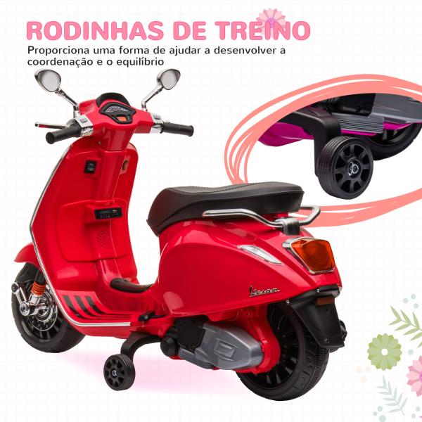 Moto Elétrica para Crianças de 3 - 6 Anos com Licença Vespa com USB MP3 Luz LED Rádio FM Velocidade 3 km/h Vermelho