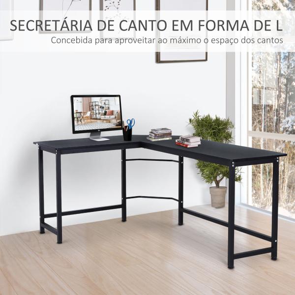Secretária de Canto Mesa de Computador em Forma de L com Estrutura de Aço 168x120x75cm Preto