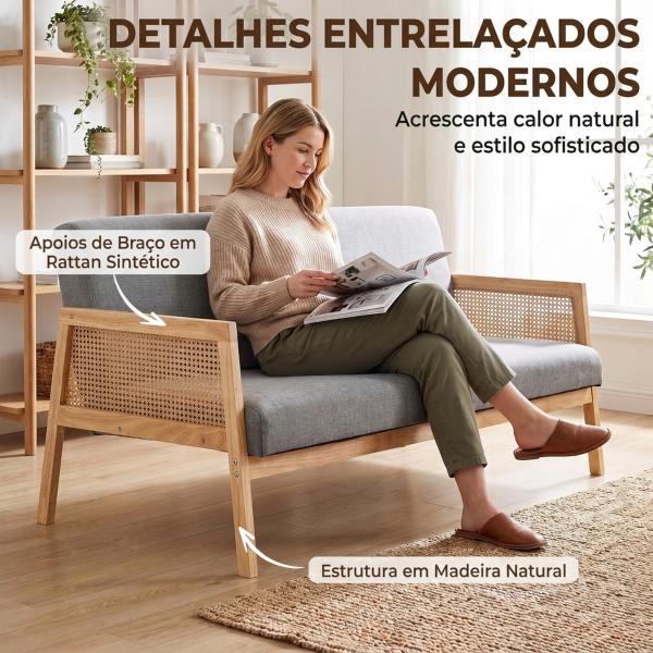 Sofá de 3 Lugares em Tecido Efeito Linho com Detalhes em Vime Sintético Estrutura em Madeira 330 kg 149x77x77 cm Cinza