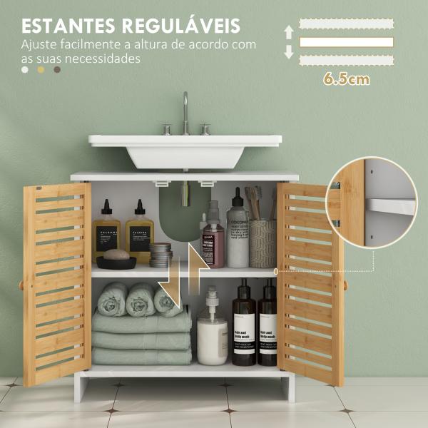 Móvel para Lavatório Móvel Sob Lavatório Moderno com Portas Magnéticas de Bambu e Estante Ajustável 60x30x60 cm Branco e Madeira