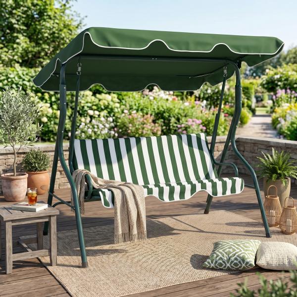 Baloiço de Jardim de 2 - 3 Lugares com Almofada Toldo Ajustável Terraço Patio Capacidade 240kg 170x110x153cm Verde e Branco