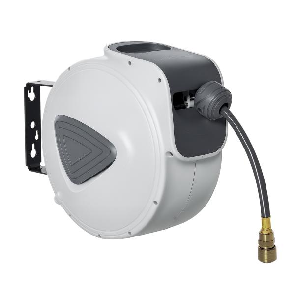 Carretel de Mangueira de Ar Comprimido Automático 20 m Conector de 1/4'' BSP Suporte de Parede Giratório 180° Cinzento