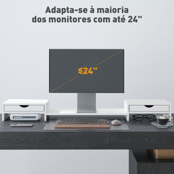 Suporte para Monitor com Ângulo e Comprimento Ajustável e 2 Gavetas para Escritório 60 - 116x22x12 cm Branco