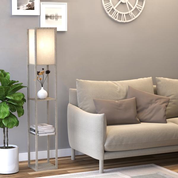 Candeeiro de Pé de Madeira com 3 Prateleiras De Armazenamento para Lâmpada E27 Potência Máx. 40W Candeeiro Moderno para Sala de Estar Dormitório 26x26x160cm Carvalho e Branco
