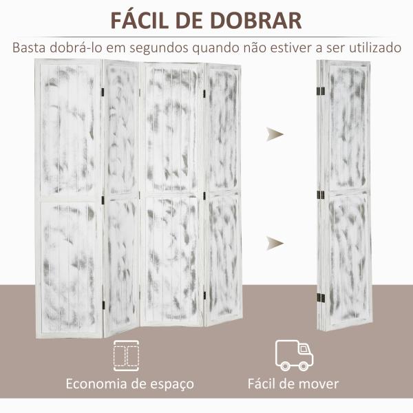 Biombo Dobrável de 4 Painéis Separador de Ambientes Elegante para Dormitórios Sala de Estar 160,5x170cm Branco Rústico