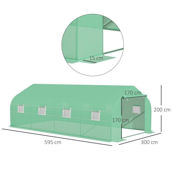 Estufa Tipo Túnel de Jardim 600x300x200cm para Cultivo de Plantas Verduras com 8 Janelas e Porta Enroláveis com Zíper Aço Verde
