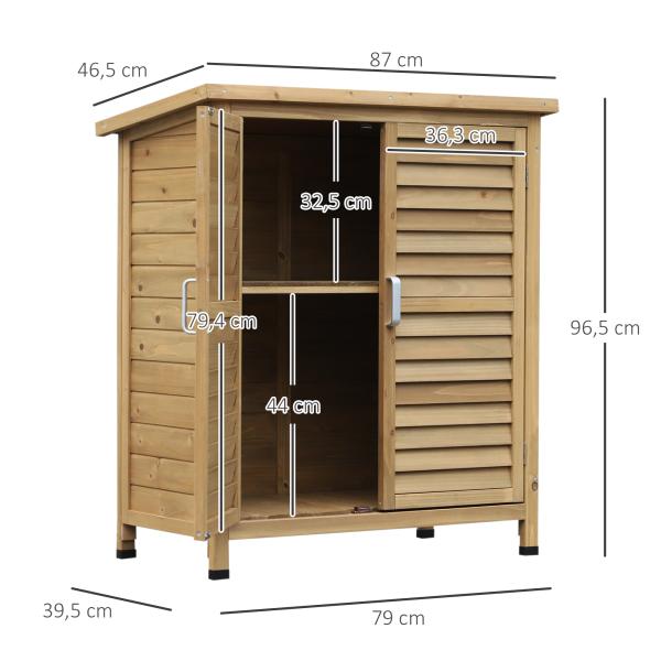 Armário de Armazenamento de Madeira para Jardim com 2 Prateleiras Interiores 2 Portas e Teto Inclinado para Exterior Terraço 87x46,5x96,5cm Natural