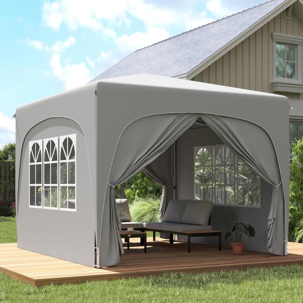 Tenda Dobrável 3x3 m com Painéis Laterais UPF50+ Tenda de Jardim com Altura Ajustável e Bolsa de Transporte Cinza Claro