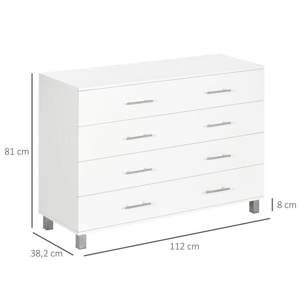 Cómoda com 4 Gavetas Cómoda de Dormitório de Estilo Moderno para Sala de Estar Entrada Corredor 112x38,2x81cm Branco