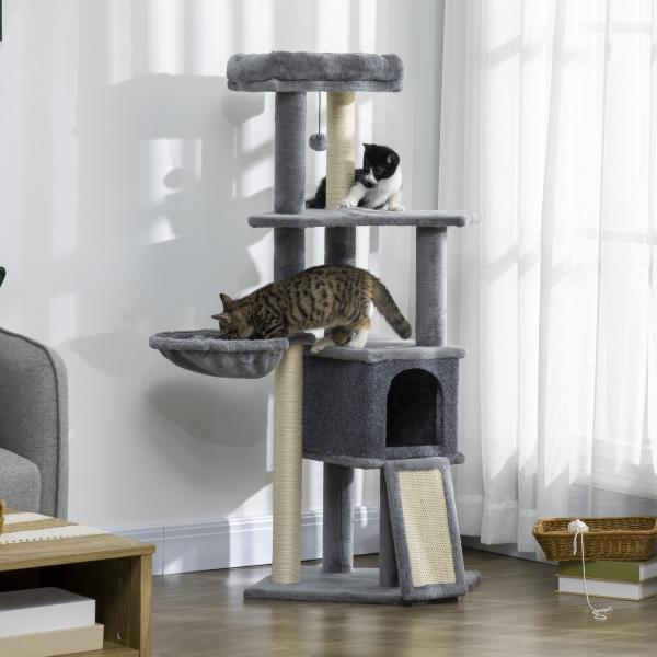 Arranhador para Gatos 127 cm com Caverna Rede Cama Plataformas Rampa de Sisal Bola Pendurada Cinza