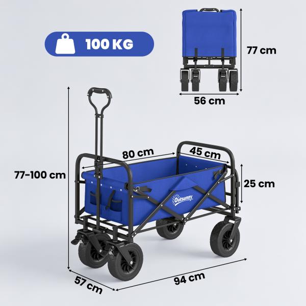 Carrinho de Transporte Dobrável para Jardim com Guiador Telescópico Capacidade 100 kg 99x57x77 - 100 cm Azul Escuro