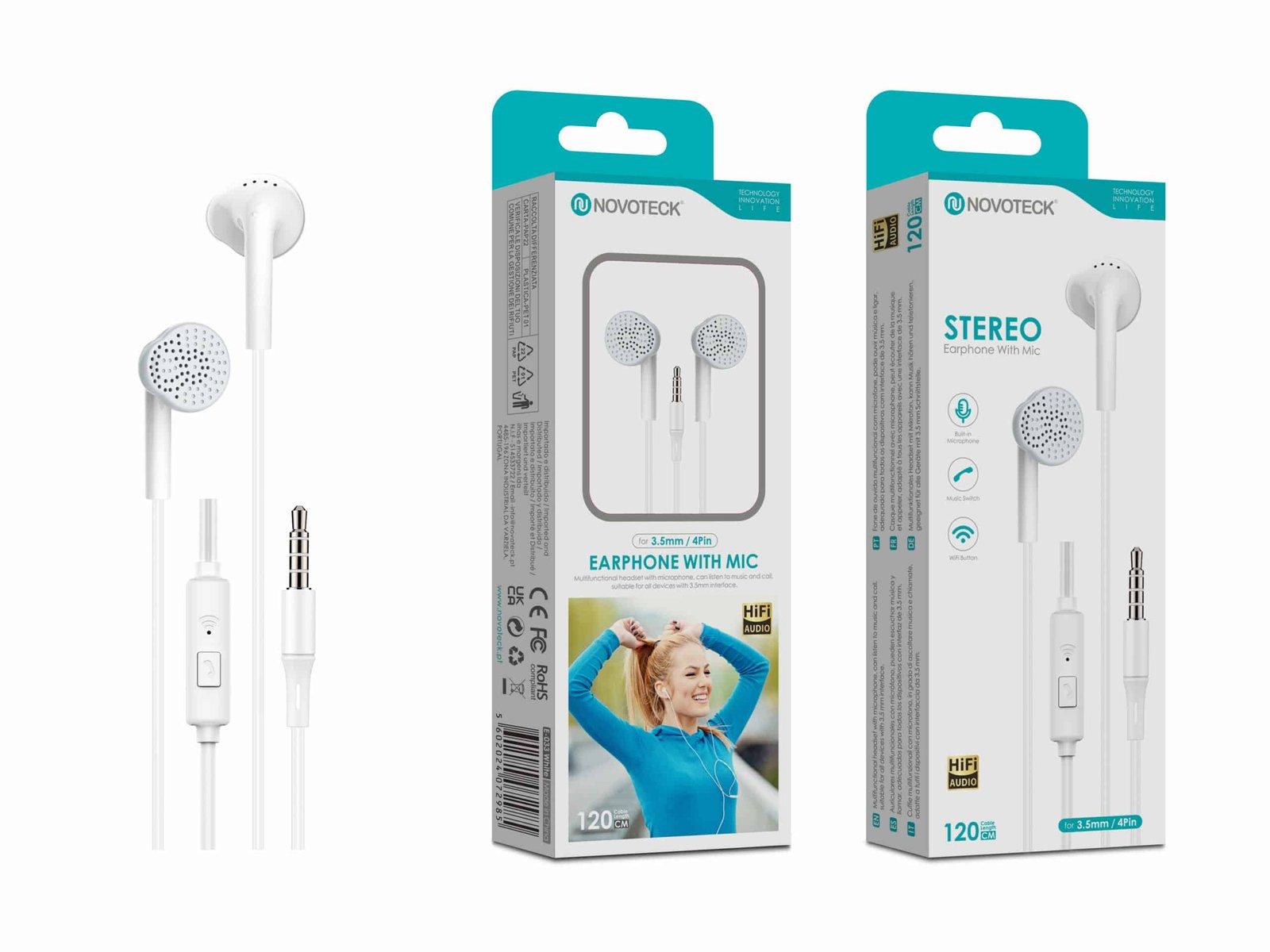 Auriculares Estéreo Branco E-033 com Microfone – Jack 3.5mm, Hi-Fi Áudio, Cabo de 1,2m