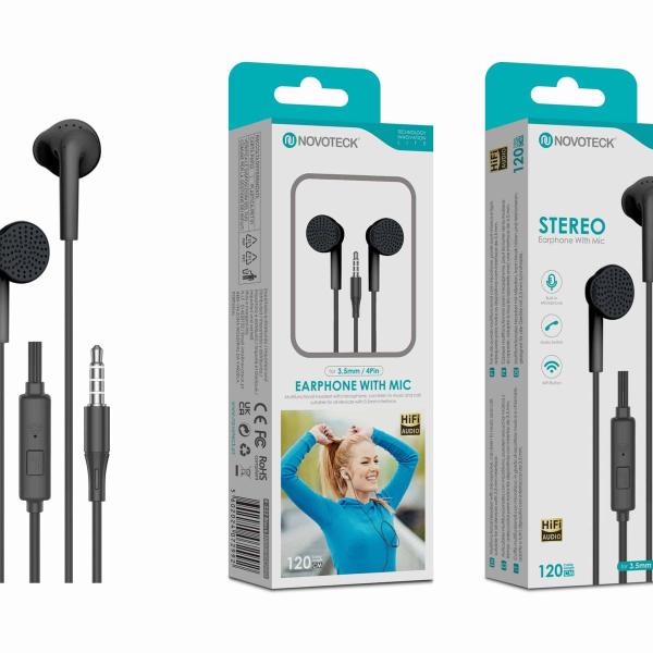 Auriculares Estéreo Negro E-033 com Microfone – Jack 3.5mm, Hi-Fi Áudio, Cabo de 1,2m