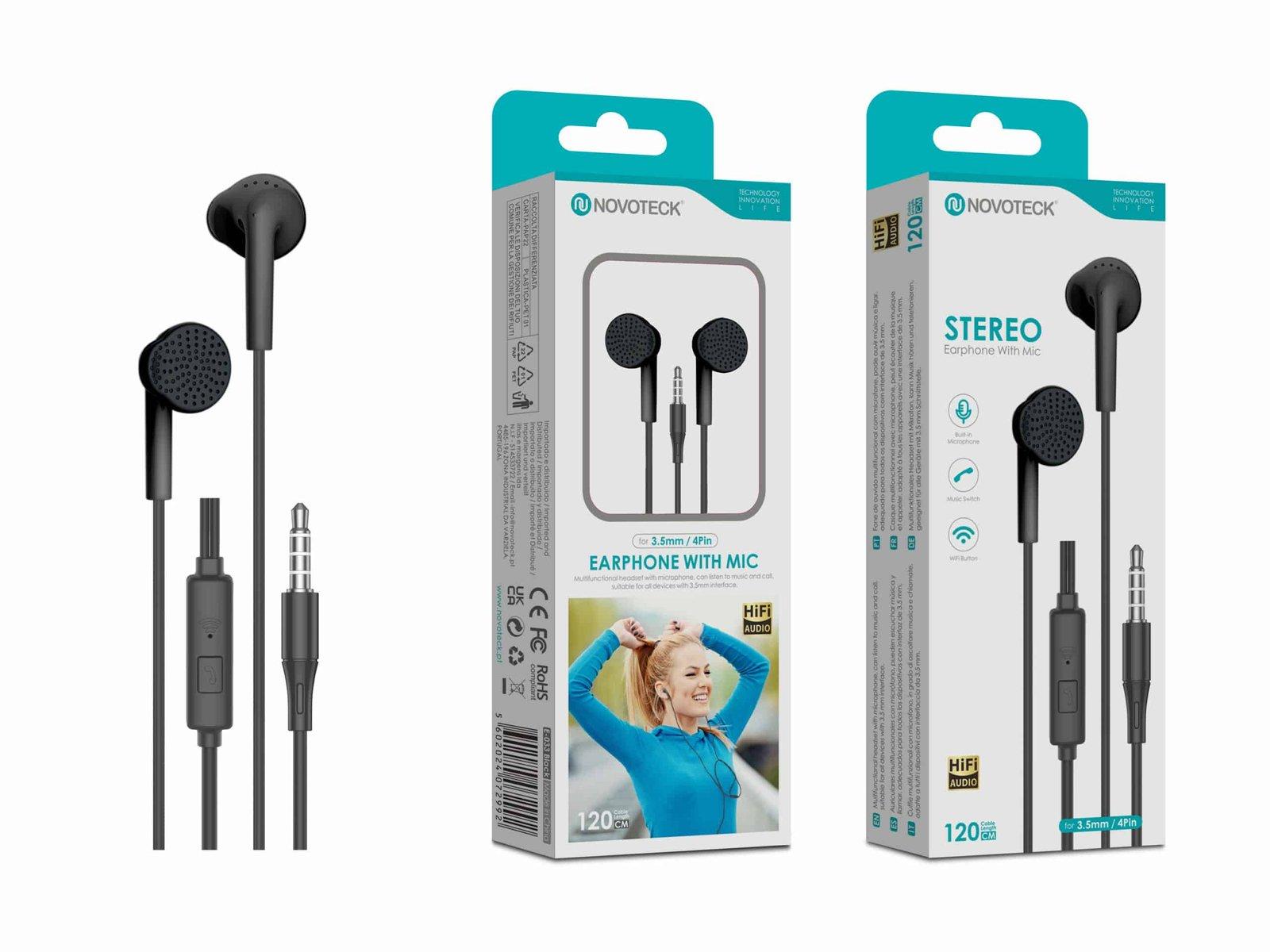 Auriculares Estéreo Negro E-033 com Microfone – Jack 3.5mm, Hi-Fi Áudio, Cabo de 1,2m