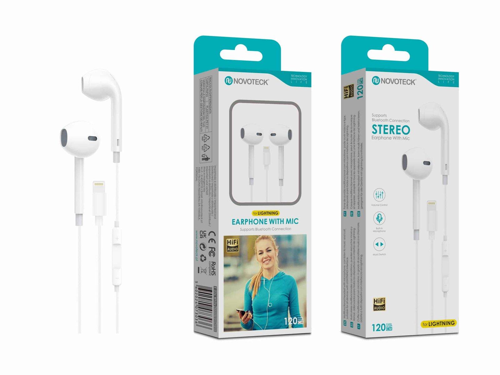 Auriculares Estéreo com Microfone Novoteck E-036 – Conexão Lightning, Áudio Hi-Fi