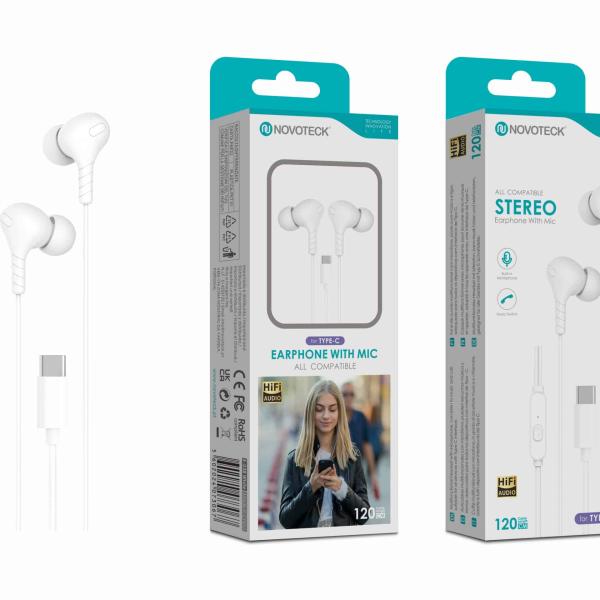 Auriculares Estéreo com Microfone Branco E - 038 – Conexão USB - C, Áudio Hi - Fi