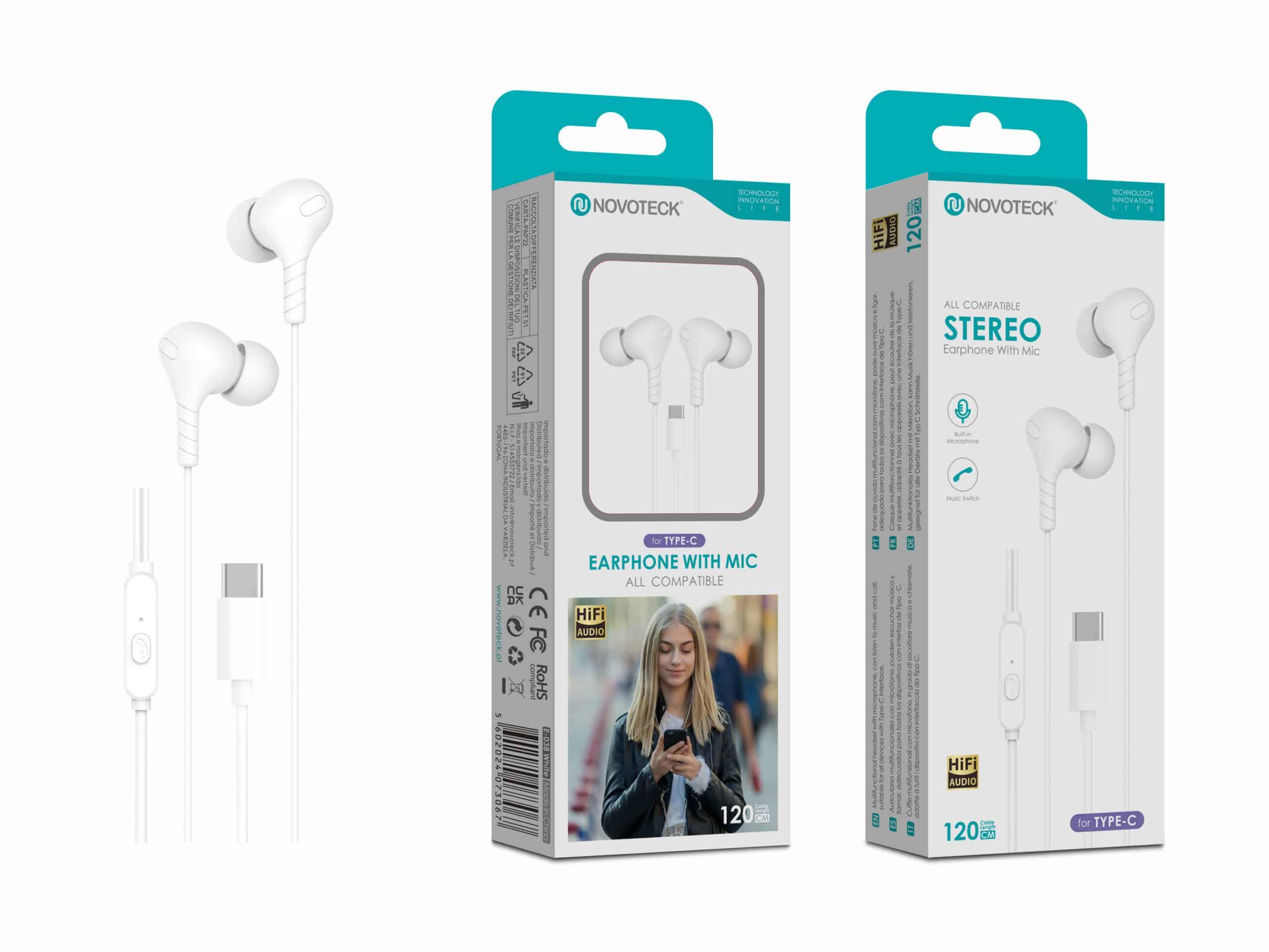 Auriculares Estéreo com Microfone Branco E - 038 – Conexão USB - C, Áudio Hi - Fi