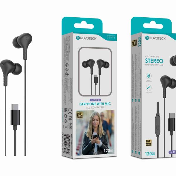 Auriculares Estéreo com Microfone Novoteck E - 038 – Conexão USB - C, Áudio Hi - Fi