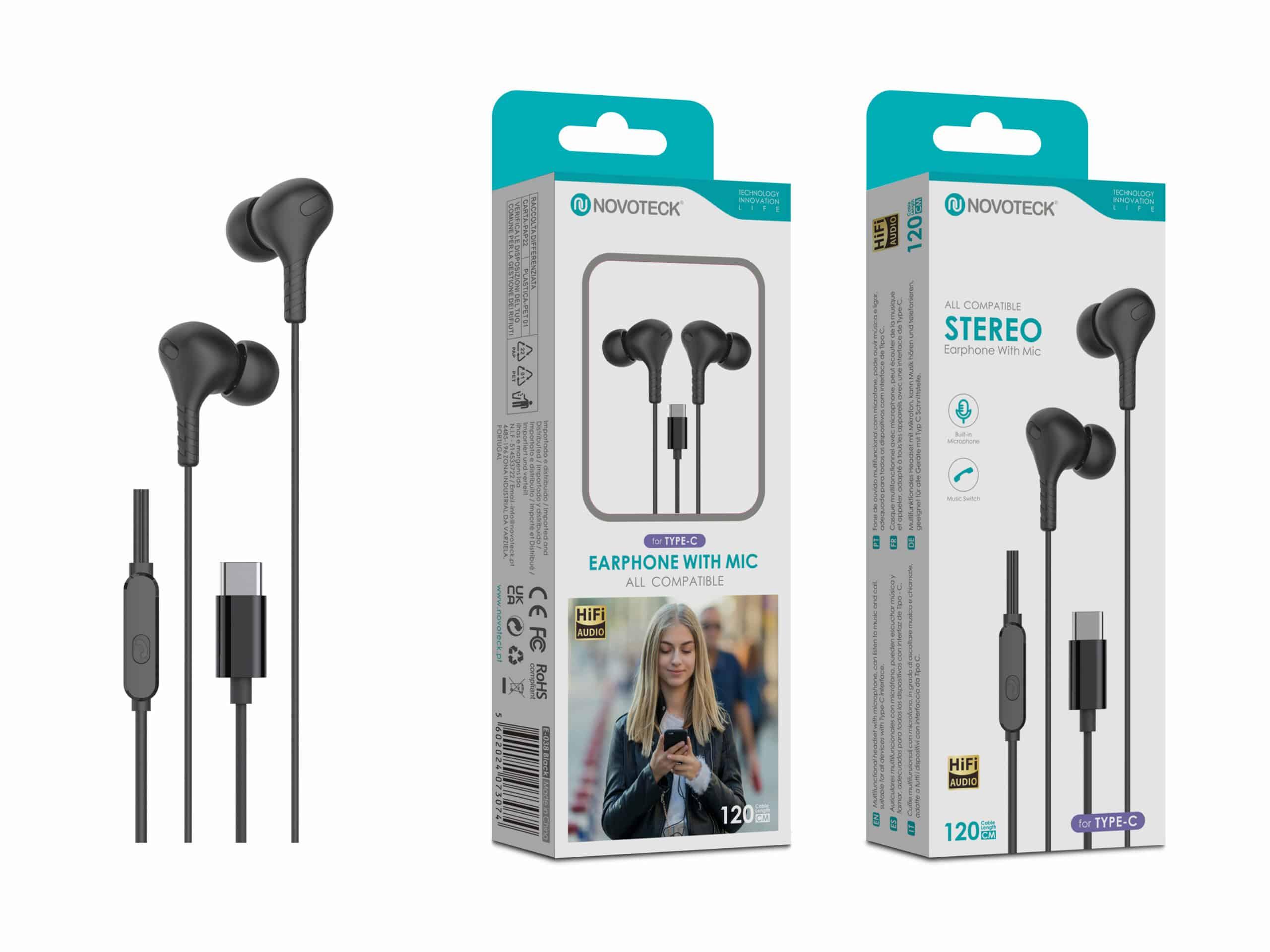 Auriculares Estéreo com Microfone Novoteck E - 038 – Conexão USB - C, Áudio Hi - Fi