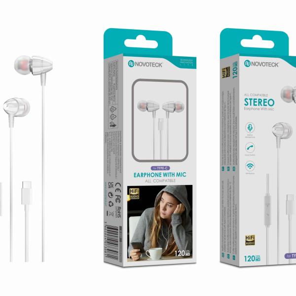 Auriculares Estéreo com Microfone Novoteck E - 039 – Conexão USB - C, Áudio Hi - Fi