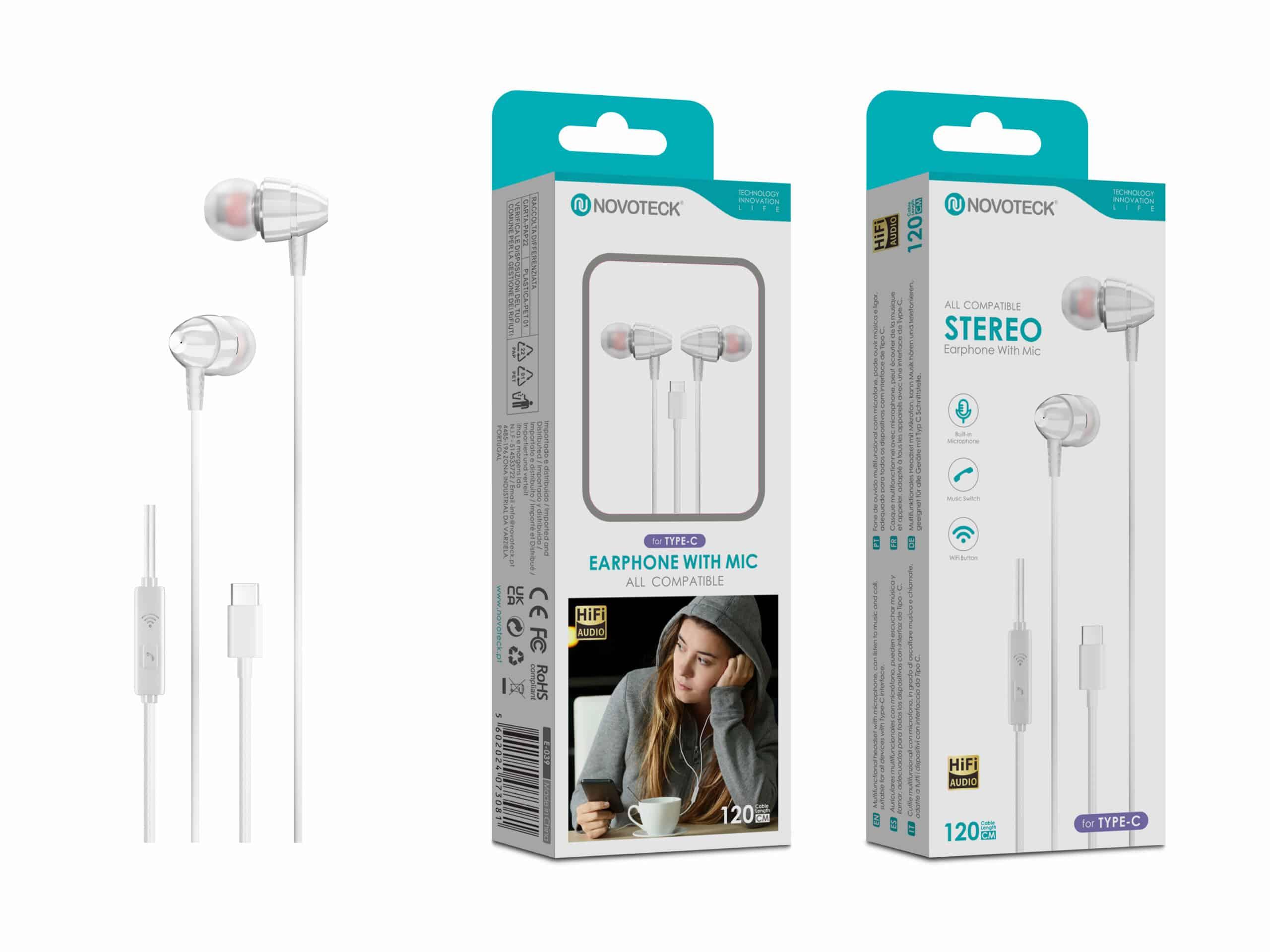 Auriculares Estéreo com Microfone Novoteck E - 039 – Conexão USB - C, Áudio Hi - Fi