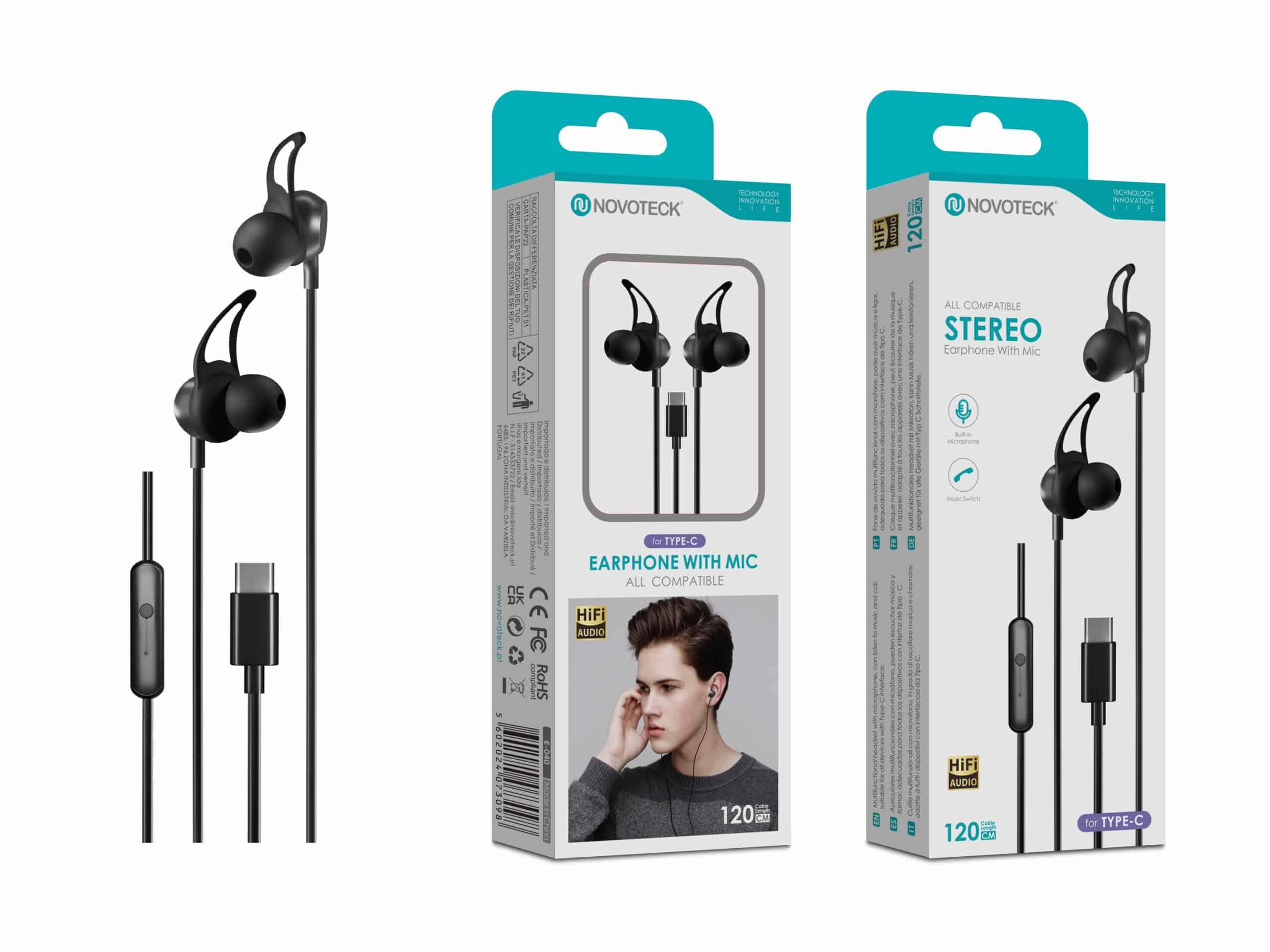Auriculares Estéreo com Microfone Novoteck E - 040 – Conexão USB - C, Áudio Hi - Fi