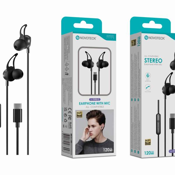 Auriculares Estéreo com Microfone Novoteck E - 040 – Conexão USB - C, Áudio Hi - Fi