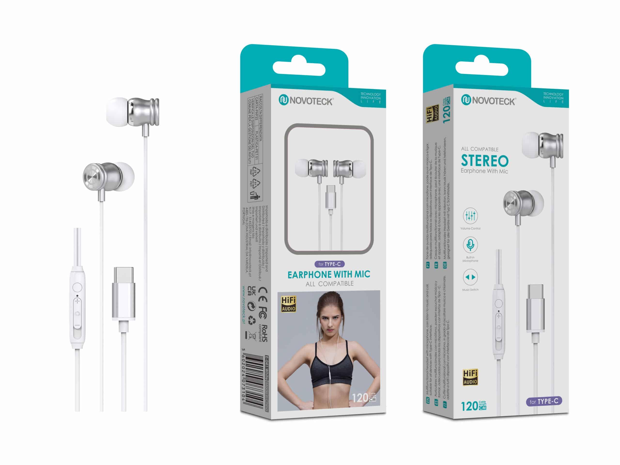 Auriculares Estéreo com Microfone Branco E - 041 – Conexão USB - C, Áudio Hi - Fi
