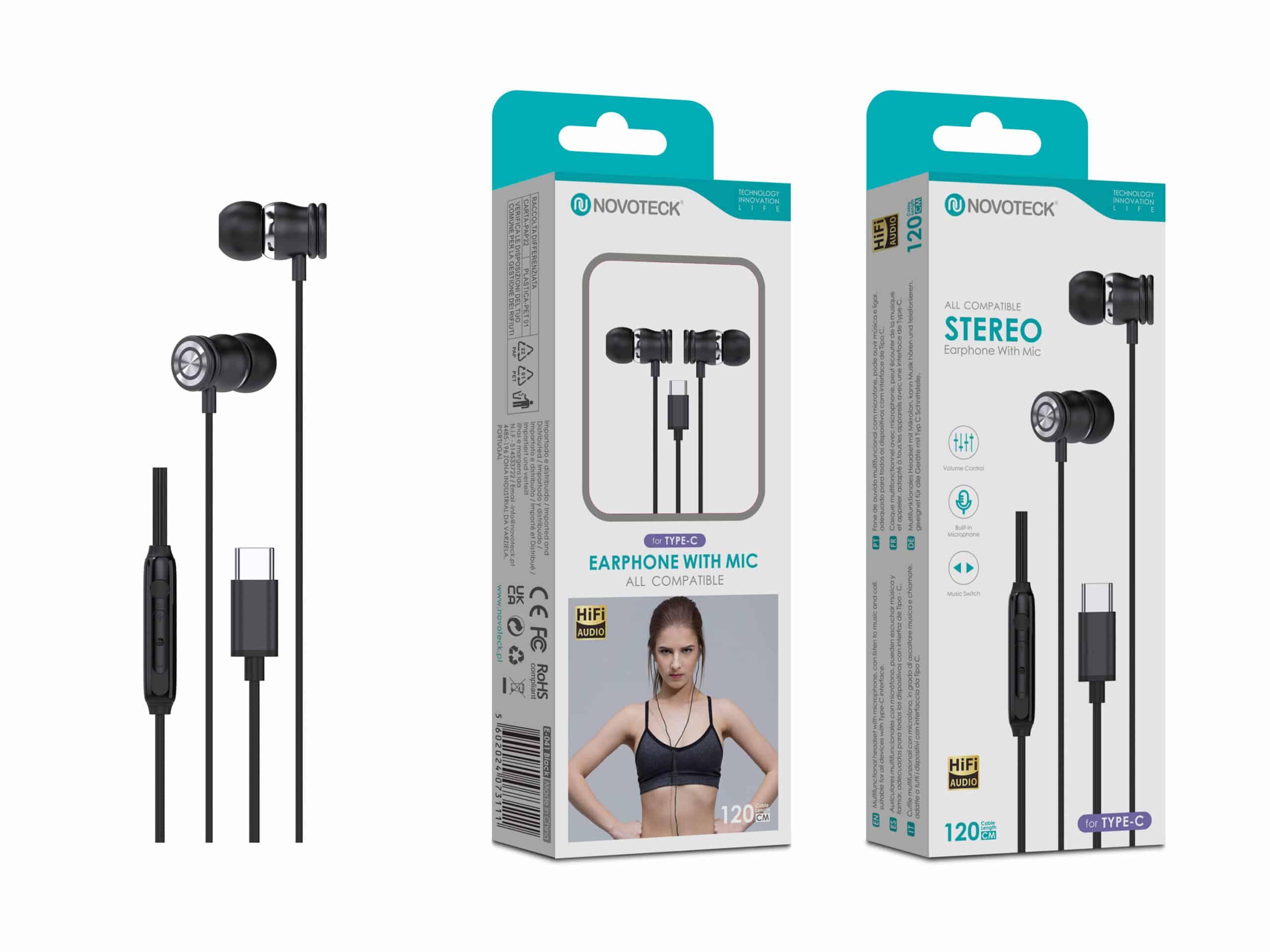 Auriculares Estéreo com Microfone Negro E - 041 – Conexão USB - C, Áudio Hi - Fi