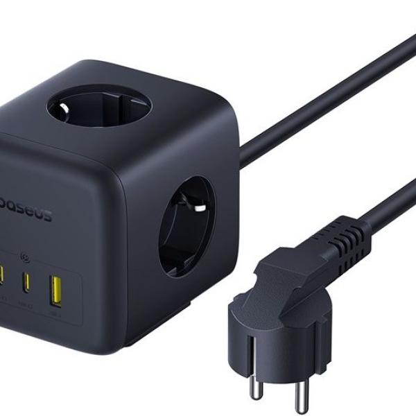 Extensão Tripla Cube Enerfill Fa11 + 1x USB - A + 2x USB - C 67W 1.5m (Preto) - BASEUS