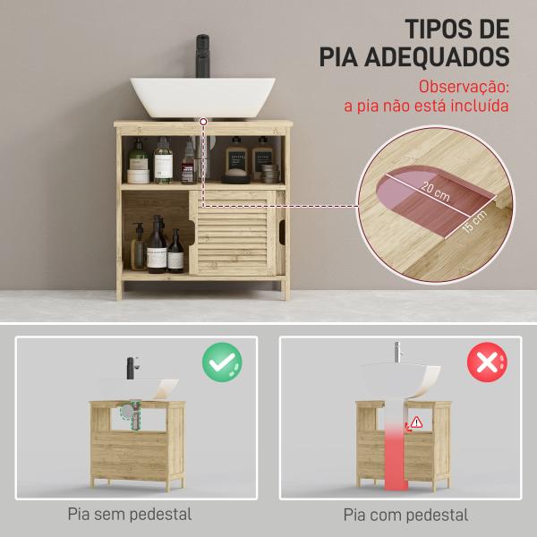 Móvel para Lavatório Pousar em Bambu com Portas Deslizantes de Ripas Compartimento Aberto 60x30x60 cm Madeira